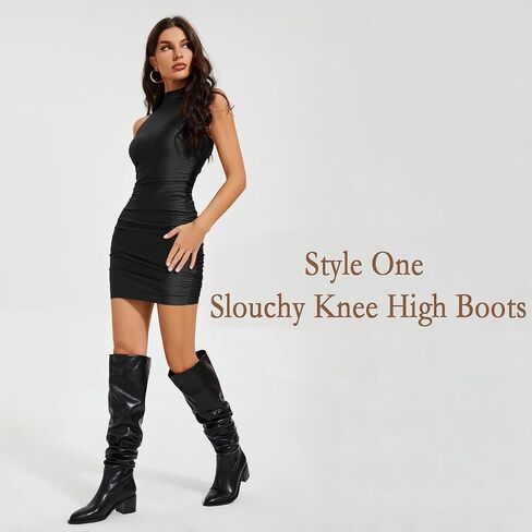 Modatope Knee High Boots for Women Chunky Heel Pull on Womens Slouchy Tall Boots Block Heel Thigh High Boots for Women in Kuwait