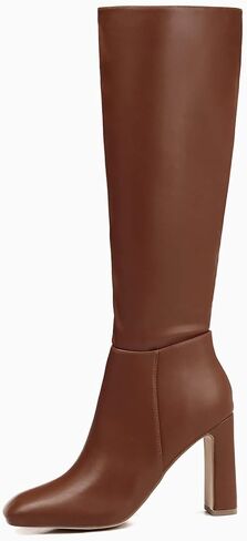 Coutgo Women's Chunky Heeled Knee High Boots Classic Leather Square Toe Zippered Tall Boot in Saudi Arabia