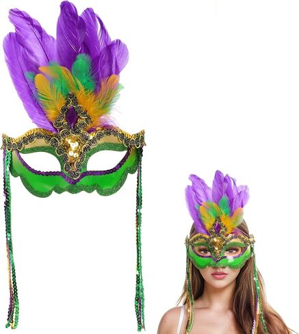 Savgkoyt Mardi Gras Mask for Women Adults, Carnival Face Masks with Feathers, Sequin Gold Purple Green Decorations Color for Masquerade Halloween Cosplay Party in Kuwait