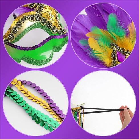 Savgkoyt Mardi Gras Mask for Women Adults, Carnival Face Masks with Feathers, Sequin Gold Purple Green Decorations Color for Masquerade Halloween Cosplay Party in Kuwait