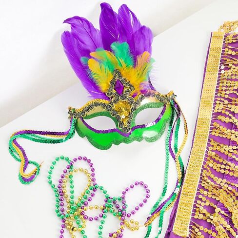 Savgkoyt Mardi Gras Mask for Women Adults, Carnival Face Masks with Feathers, Sequin Gold Purple Green Decorations Color for Masquerade Halloween Cosplay Party in Kuwait