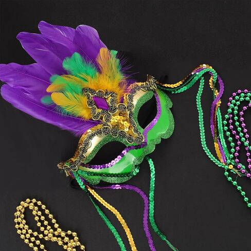 Savgkoyt Mardi Gras Mask for Women Adults, Carnival Face Masks with Feathers, Sequin Gold Purple Green Decorations Color for Masquerade Halloween Cosplay Party in Kuwait