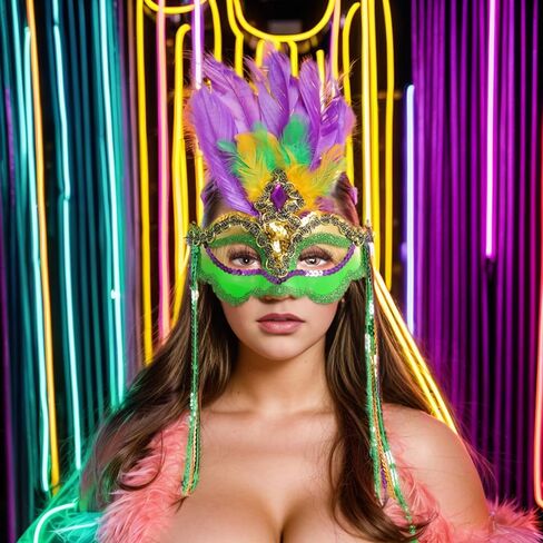 Savgkoyt Mardi Gras Mask for Women Adults, Carnival Face Masks with Feathers, Sequin Gold Purple Green Decorations Color for Masquerade Halloween Cosplay Party in Kuwait