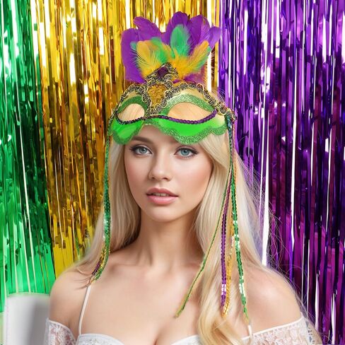 Savgkoyt Mardi Gras Mask for Women Adults, Carnival Face Masks with Feathers, Sequin Gold Purple Green Decorations Color for Masquerade Halloween Cosplay Party in Kuwait