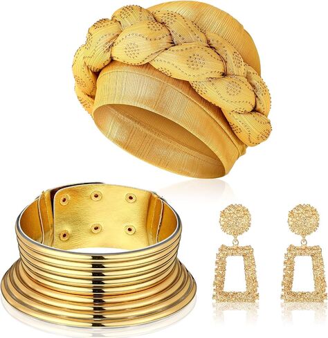 3 Pcs Women African Turban Head Wrap Chocker Earrings Set, Gold Braid Beanie Cap Headwear Leather Chunky Punk Necklace Statement Drop Earrings for Women Girls in Saudi Arabia