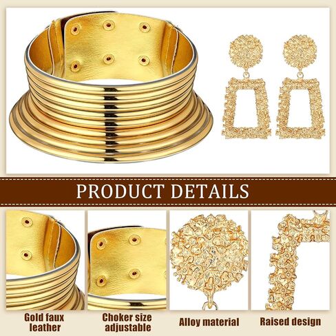 3 Pcs Women African Turban Head Wrap Chocker Earrings Set, Gold Braid Beanie Cap Headwear Leather Chunky Punk Necklace Statement Drop Earrings for Women Girls in Saudi Arabia