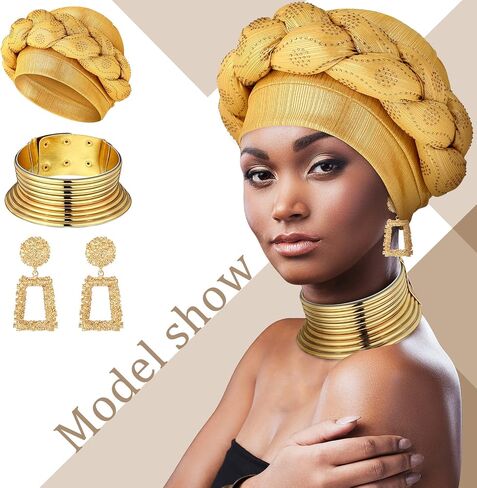 3 Pcs Women African Turban Head Wrap Chocker Earrings Set, Gold Braid Beanie Cap Headwear Leather Chunky Punk Necklace Statement Drop Earrings for Women Girls in Saudi Arabia