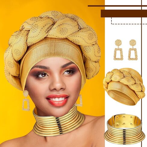 3 Pcs Women African Turban Head Wrap Chocker Earrings Set, Gold Braid Beanie Cap Headwear Leather Chunky Punk Necklace Statement Drop Earrings for Women Girls in Saudi Arabia