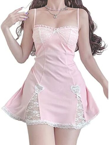 Womens Fairycore Square Neck Dress Short Puff Sleeve A-Line Gyaru Kawaii Mini Dress Aesthetic Clothes Lace in Kuwait