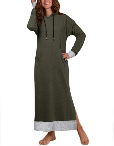 Jacansi Women's Long Sleeve Solid Loose Hooded Sweatshirt Maxi Dress with Pocket in Kuwait