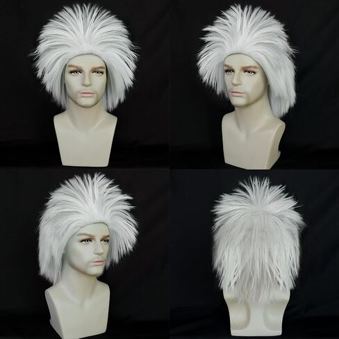 Anogol Hair Cap+ White Crazy Wig, Unique Spiky And Funny Wig, Crazy Hair Wig, Funky Fuzzy Wig, Pelucas Para Payasos, Short White Wig For Anime Cosplay Wig Halloween Costume Party Wig in Saudi Arabia