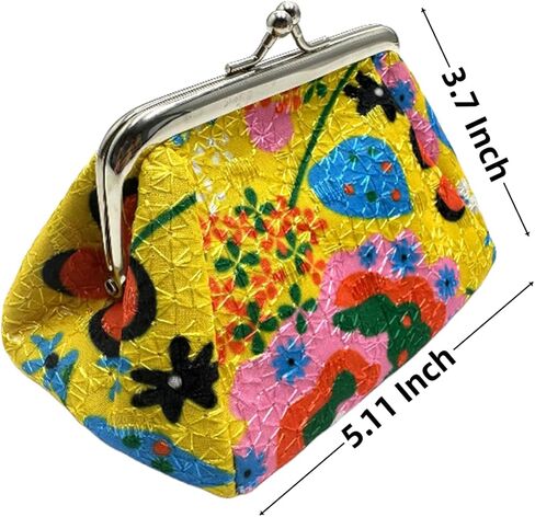 محفظة PHILITA النسائية الأنيقة المطرزة بقفل قبلة من القطن ومحفظة عملات معدنية عتيقة ومحفظة لطيفة (5.11 × 3.7 بوصة أصفر) in Kuwait