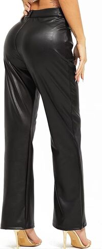 TZLDN Women's Faux Leather Pants with Pockets High Waisted Straight Wide Leg Casual PU Trousers in Kuwait