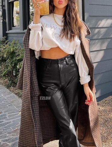 TZLDN Women's Faux Leather Pants with Pockets High Waisted Straight Wide Leg Casual PU Trousers in Kuwait