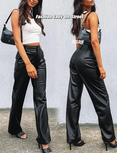 TZLDN Women's Faux Leather Pants with Pockets High Waisted Straight Wide Leg Casual PU Trousers in Kuwait
