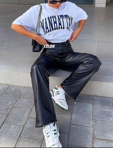 TZLDN Women's Faux Leather Pants with Pockets High Waisted Straight Wide Leg Casual PU Trousers in Kuwait