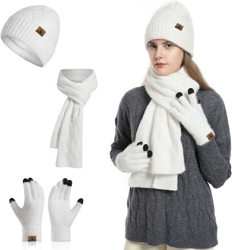 Winter Warm Beanie Hat Scarf and Touchscreen Gloves Set 3 in 1 Knit Caps Neck Scarves with Pom for Women in Saudi Arabia