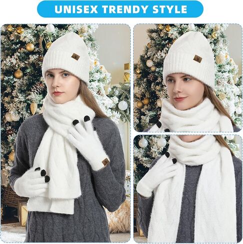 Winter Warm Beanie Hat Scarf and Touchscreen Gloves Set 3 in 1 Knit Caps Neck Scarves with Pom for Women in Saudi Arabia