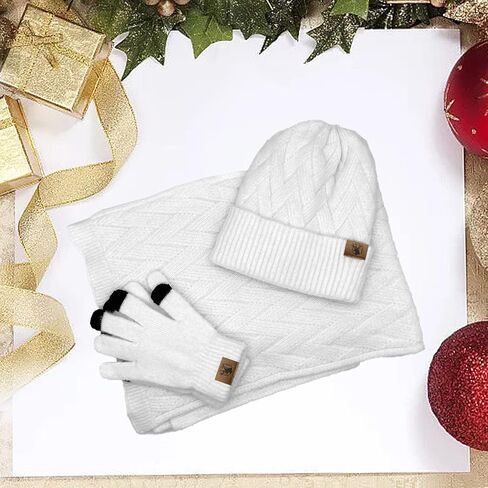 Winter Warm Beanie Hat Scarf and Touchscreen Gloves Set 3 in 1 Knit Caps Neck Scarves with Pom for Women in Saudi Arabia