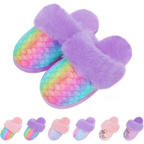 Girls Mermaid Fluffy House Slippers,Toddler Faux Fur Cozy Plush No-Slip Home Slippers with Memory Foam House Shoes for Kids Bedroom Indoor