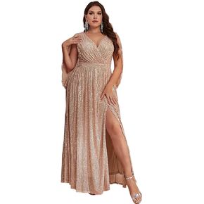 Women's Plus Size Flare Sleeve V Neck Side Split Sequin Formal Prom Dress in Kuwait