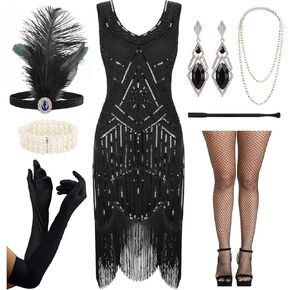 DRESHOW Womens 1920s V Neck Gatsby Sequin Lace Fringed Paisley Flapper Dress with 20s Accessories Set for Cocktail Party