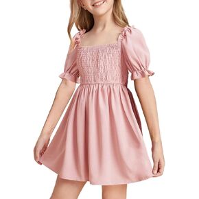 LAOCERENCE Girls Summer Chiffon Ruffle Mini Dress Square Neck Lantern Short Sleeve Solid A line Dress
