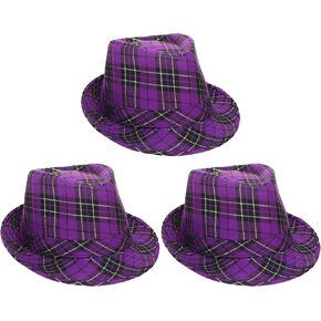 Janmercy 3 Pcs Mardi Gras Fedora Hat Purple Plaid Mardi Gras Costume Accessories Headwear Purple Cowboy Hat for Children Men Women Party Parade in Kuwait