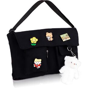 Canvas Messenger Bag with Kawaii Pins and Pendent for Women Girls Cute Crossbody Shoulder Bag with Multiple Pockets for School, Black in Kuwait