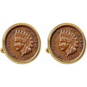 1800's Indian Penny Goldtone Bezel Coin Cuff Links | الولايات المتحدة العملات المعدنية | أزرار أكمام للرجال | أكثر من 100 عام in Kuwait