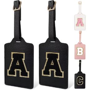 2 Pcs Personalized Initial Luggage Tag, Cute Chenille Letter Luggage Tags for Suitcases PU Leather Bag Tags for Luggage, Waterproof Luggage Identifiers for Suitcases Suitcase Tags for Girls(Letter M)