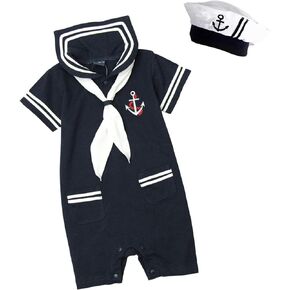 Bilo Baby Boy Marine Sailor Costume Short Sleeve Romper Onesie with Hat 2 Pcs Set