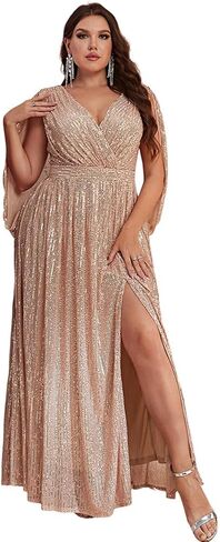 Women's Plus Size Flare Sleeve V Neck Side Split Sequin Formal Prom Dress in Kuwait
