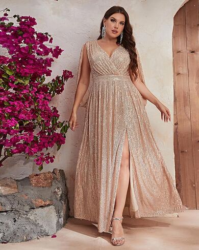 Women's Plus Size Flare Sleeve V Neck Side Split Sequin Formal Prom Dress in Kuwait