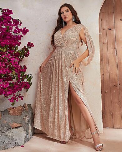 Women's Plus Size Flare Sleeve V Neck Side Split Sequin Formal Prom Dress in Kuwait