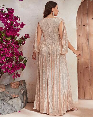 Women's Plus Size Flare Sleeve V Neck Side Split Sequin Formal Prom Dress in Kuwait