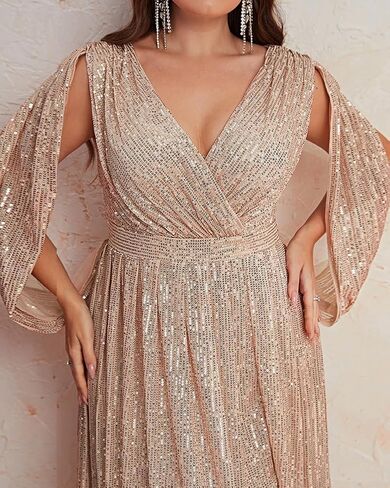 Women's Plus Size Flare Sleeve V Neck Side Split Sequin Formal Prom Dress in Kuwait