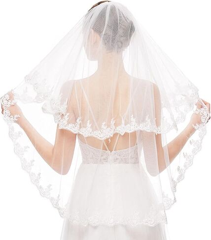 طرحة زفاف من Acenail لحفلات الزفاف من الدانتيل الأبيض قصير وحجاب الزفاف من طبقتين بطول إصبع توديع العزوبية للسيدات وشاح بسيط من التول مع مشط لحفلات الدجاجة العروس، أبيض، مقاس واحد, أبيض, One Size in Kuwait