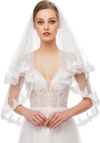 طرحة زفاف من Acenail لحفلات الزفاف من الدانتيل الأبيض قصير وحجاب الزفاف من طبقتين بطول إصبع توديع العزوبية للسيدات وشاح بسيط من التول مع مشط لحفلات الدجاجة العروس، أبيض، مقاس واحد, أبيض, One Size in Kuwait