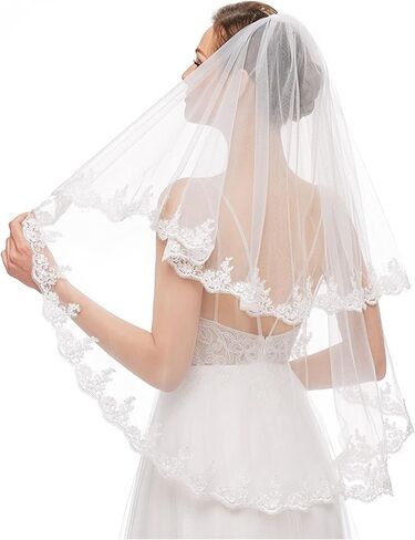 طرحة زفاف من Acenail لحفلات الزفاف من الدانتيل الأبيض قصير وحجاب الزفاف من طبقتين بطول إصبع توديع العزوبية للسيدات وشاح بسيط من التول مع مشط لحفلات الدجاجة العروس، أبيض، مقاس واحد, أبيض, One Size in Kuwait