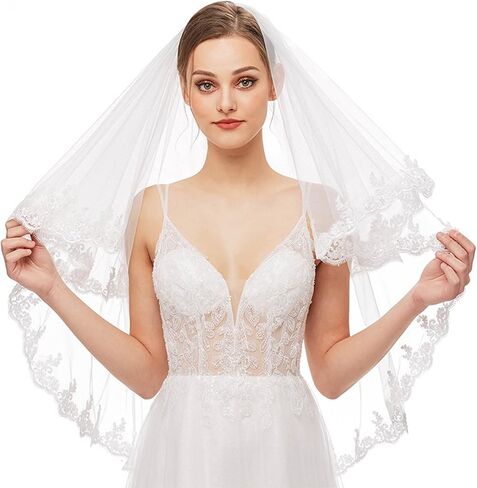 طرحة زفاف من Acenail لحفلات الزفاف من الدانتيل الأبيض قصير وحجاب الزفاف من طبقتين بطول إصبع توديع العزوبية للسيدات وشاح بسيط من التول مع مشط لحفلات الدجاجة العروس، أبيض، مقاس واحد, أبيض, One Size in Kuwait
