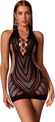 Walang Lip Women's Mesh Fishnet Cut Out BobyStocking Babydoll Bodysuit Clubwear Sexy Lingerie Mini Dress Tights Jumpsuit in Kuwait
