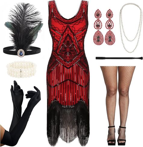 فستان DRESHOW للسيدات 1920s برقبة على شكل V Gatsby ترتر دانتيل مهدب بيزلي فلابر مع مجموعة إكسسوارات 20s لحفلات الكوكتيل in Kuwait