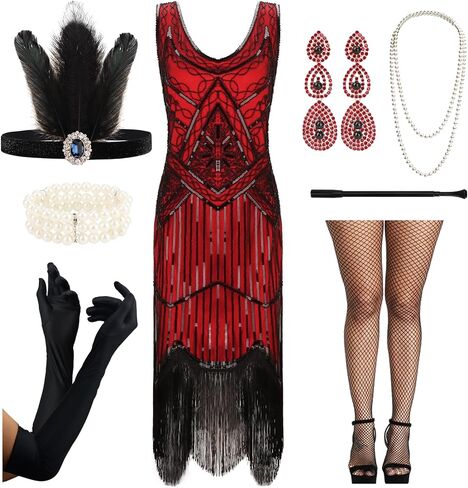 فستان DRESHOW للسيدات 1920s برقبة على شكل V Gatsby ترتر دانتيل مهدب بيزلي فلابر مع مجموعة إكسسوارات 20s لحفلات الكوكتيل in Kuwait