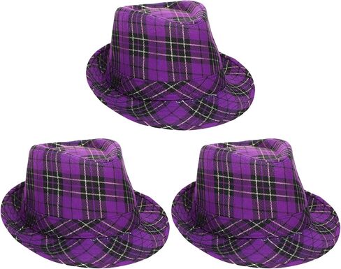 Janmercy 3 Pcs Mardi Gras Fedora Hat Purple Plaid Mardi Gras Costume Accessories Headwear Purple Cowboy Hat for Children Men Women Party Parade in Kuwait