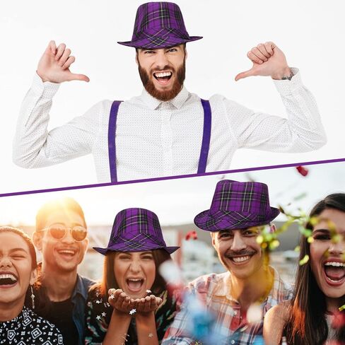 Janmercy 3 Pcs Mardi Gras Fedora Hat Purple Plaid Mardi Gras Costume Accessories Headwear Purple Cowboy Hat for Children Men Women Party Parade in Kuwait