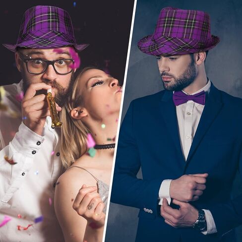 Janmercy 3 Pcs Mardi Gras Fedora Hat Purple Plaid Mardi Gras Costume Accessories Headwear Purple Cowboy Hat for Children Men Women Party Parade in Kuwait