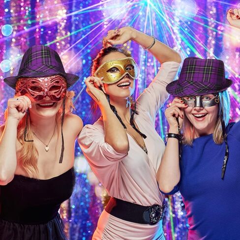 Janmercy 3 Pcs Mardi Gras Fedora Hat Purple Plaid Mardi Gras Costume Accessories Headwear Purple Cowboy Hat for Children Men Women Party Parade in Kuwait
