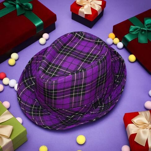 Janmercy 3 Pcs Mardi Gras Fedora Hat Purple Plaid Mardi Gras Costume Accessories Headwear Purple Cowboy Hat for Children Men Women Party Parade in Kuwait
