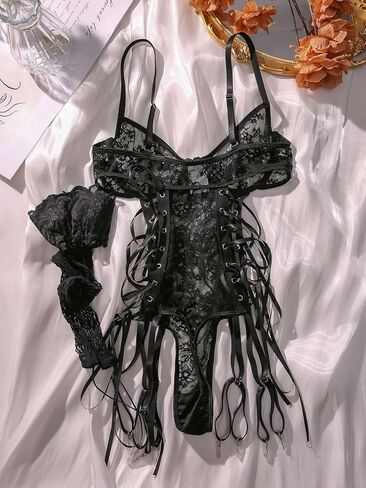 طقم ملابس داخلية نسائية من OYOANGLE من الدانتيل تيدي بيبي دول بأربطة مع جوارب in Kuwait